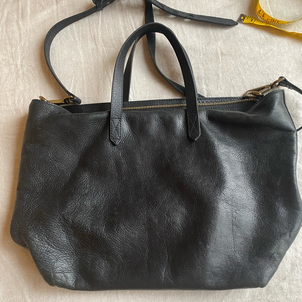 madewell transport tote zip top black leather